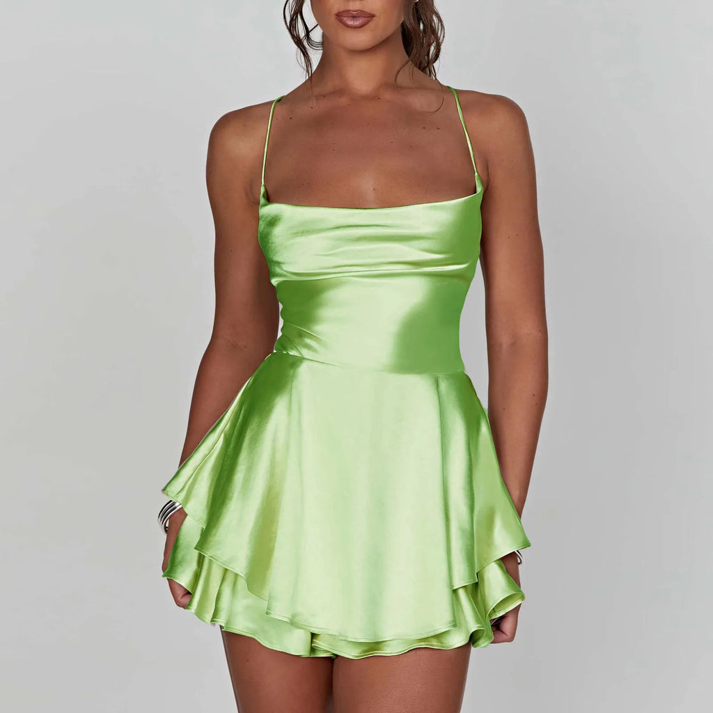 Women Sleeveless Satin Playsuits Fashion Summer Short Sling Backless Jumpsuits Cross Tie-Up Bandage Romper Streetwear Outfit - Matrix Studios
