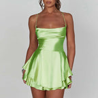 Women Sleeveless Satin Playsuits Fashion Summer Short Sling Backless Jumpsuits Cross Tie-Up Bandage Romper Streetwear Outfit - Matrix Studios