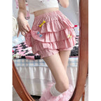 MEXZT Y2K Sweet Ruffles Mini Skirt Women Kawaii Lolita Bow A Line Skirts Harajuku Japanese High Waist Pink White Ball Gown Skirt - Matrix-studios.com