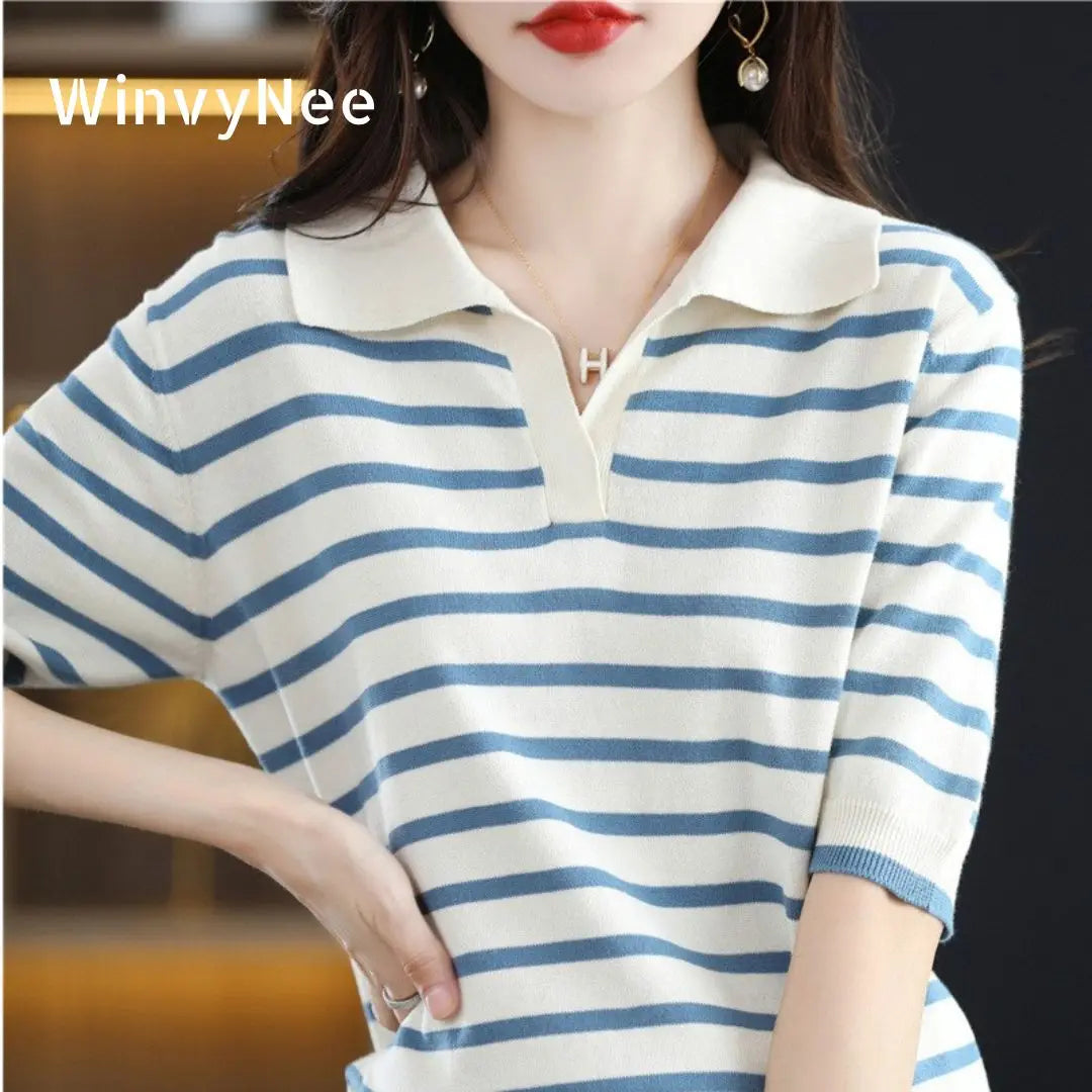 WinvyNee Summer Short Sleeve Women's Solid Polo T-shirt Casual Cotton Striped Top Women's Clothing Casual Knitted Tops A1002001A - Matrix-studios.com