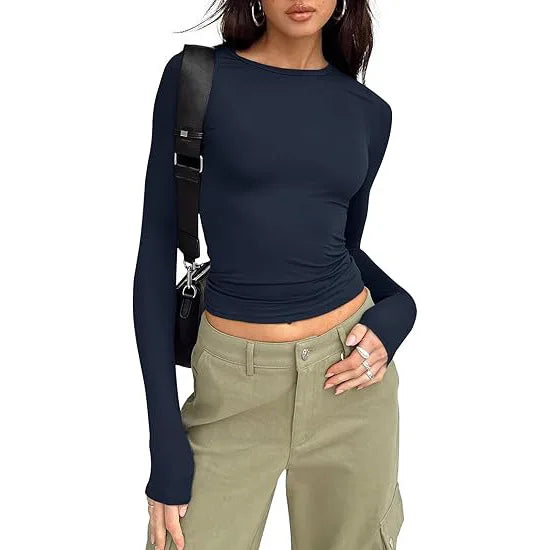 1pcs Four Seasons Fashion Senior Women T-shirt Long Sleeve Crew Neck Solid Slim Fit Tee Ladies Crop Top  Daily Streetwear Camis - Matrix-studios.com