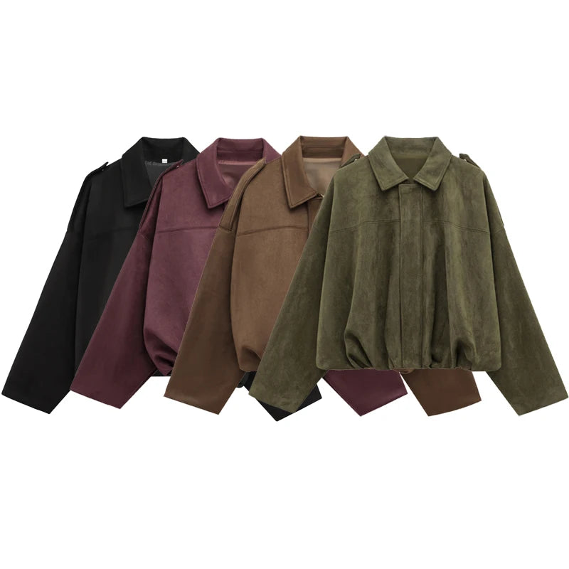 HXAO Women's Bomber Jacket Lapel Long Sleeve Zipper Suede Jacket Women 2025 High Street Cropped Racing Jackets Coats Outerwears - Matrix-studios.com
