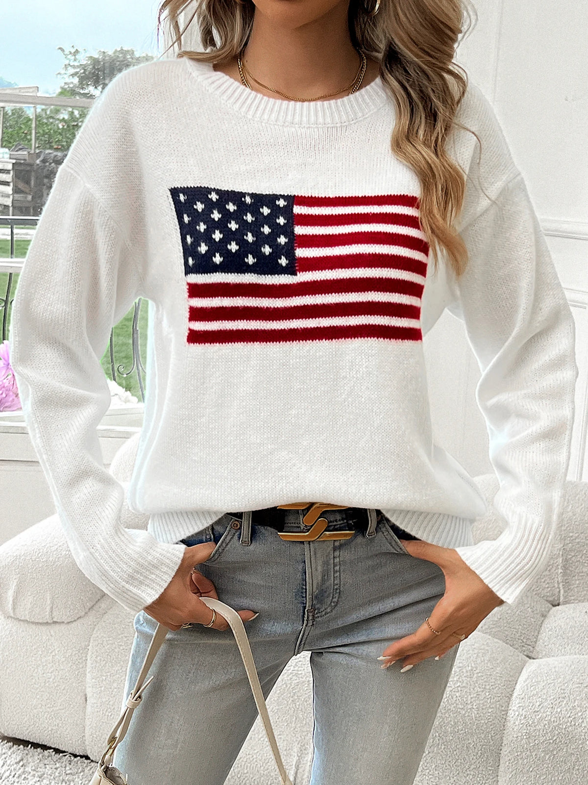 American Flag Crew Neck Long Sleeve Pullover Women's Sweater - Matrix Studios