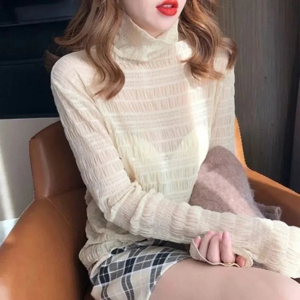 Women Elegant High Neck Polka Dot Blouse Mesh Lace Stitching Puff Long Sleeve Shirt Slim Fit Office Ladies Fashion Daily Tops - Matrix-studios.com