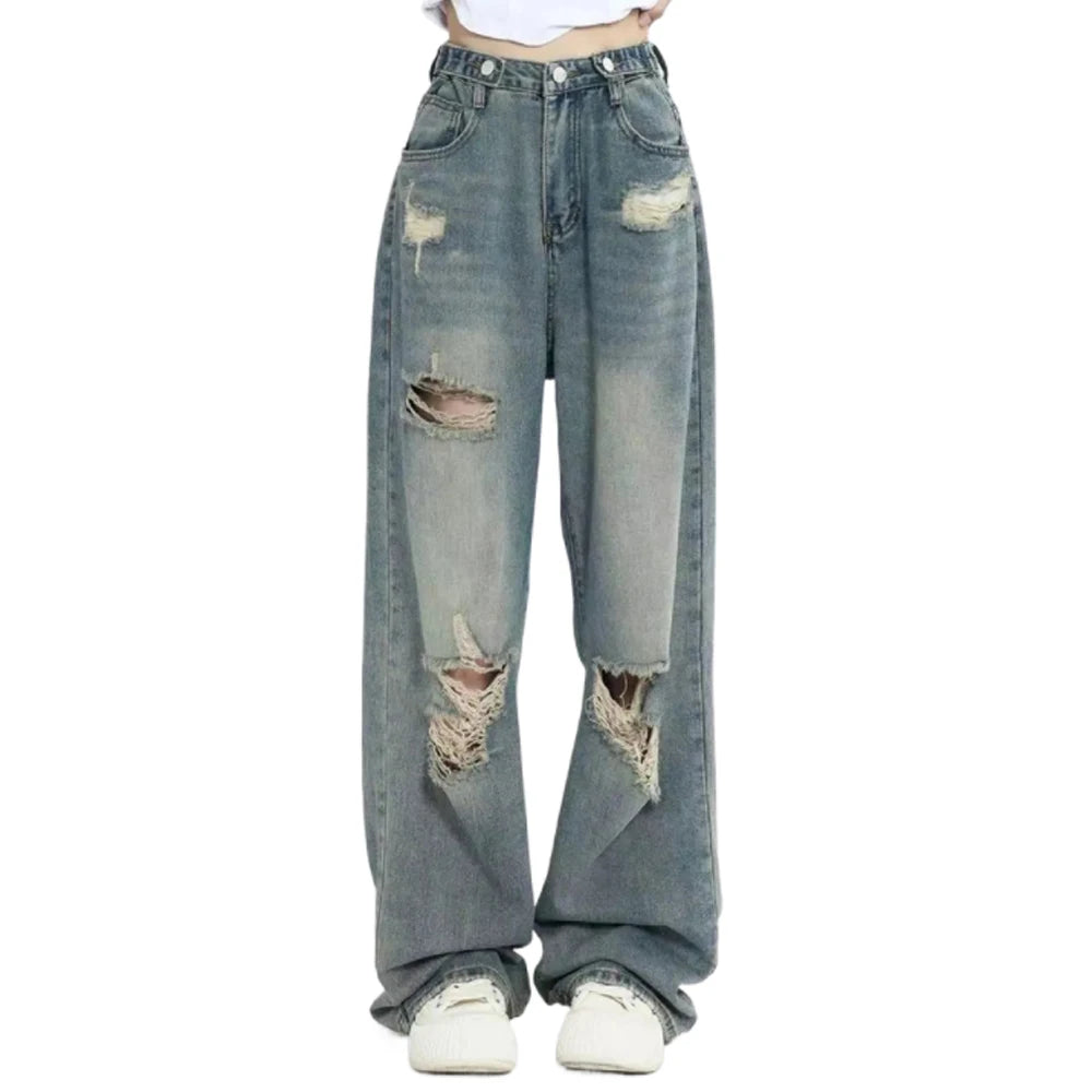 American Retro Hole-punched Jeans Women High Waist Straight-crotch Loose Slim Design High-street Vibe Wide-legged Dragging Pants - Matrix-studios.com