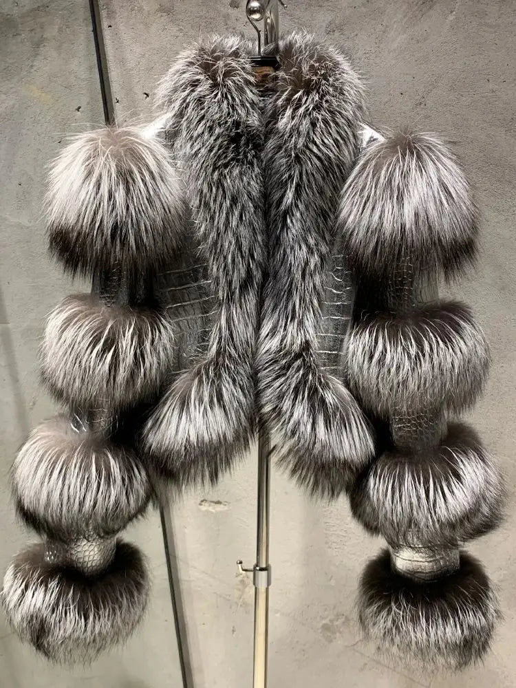 Fur Bomber Ladies New Fashion Jacket Crocdile Sheep Leather With Natural Fur 3573 - Matrix Studios