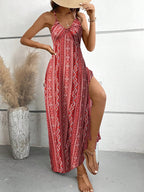Women's Summer Ethnic Pattern Backless Split Thigh Dress Ladies Summer Clothes Boho Fashion Frill Trim Long Dress for Beach - Matrix-studios.com
