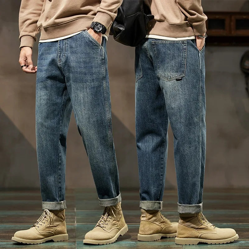 Men's Spring 2026 Loose Harem Pants Denim Retro Solid Comfortable Harajuku Straight Jeans Simple Fashion Versatile Cargo Trouser - Matrix Studios
