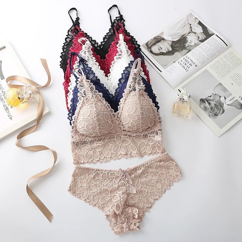 Sexy Lace Women Underwear Set Seamless Wire Free Bra Sets Hollow Out Bra and Panty Sets For Women Embroidery Intimates Lingerie - Matrix-studios.com