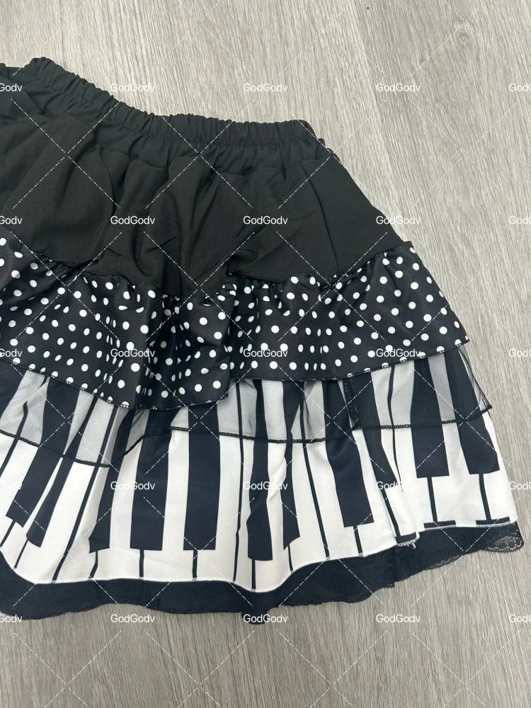 American Vintage Black White Piano Keys Skirts Y2k Slim Waist Ruched A-line Skirt Women 2026 Summer New Korea Style Chic Mujer - Matrix-studios.com