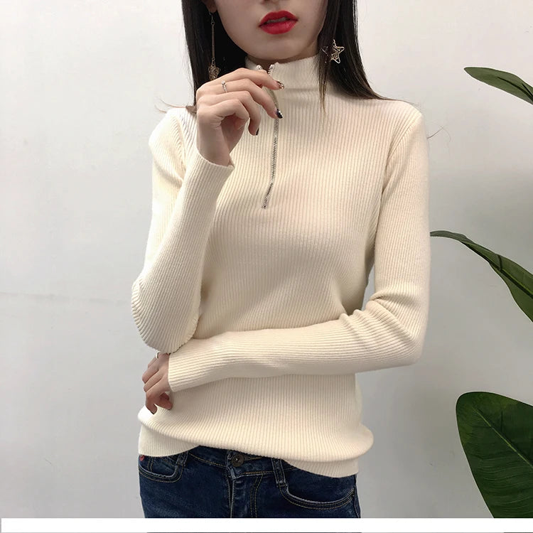 Knitted Women Zipper Half High Neck Sweater Pullovers Autumn Winter Basic Women Sweaters Slim Solid Knitwear Pull Femme Tops - Matrix-studios.com