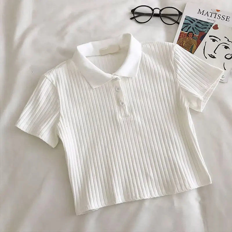 Preppy Knit Polo Neck Crop Top Women Summer Short Sleeve T-shirt Youthful Solid Color Female Basic Blouse Lady Pullover - Matrix-studios.com