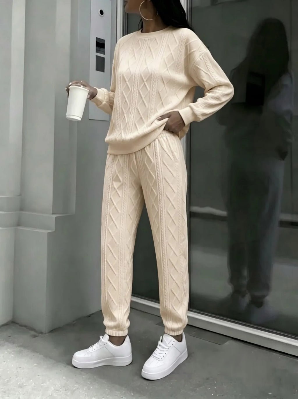 Women Cable Knit 2 Piece Outfit Set, Crewneck Long Sleeve Sweater Top & Drawstring Jogger Pants, Casual Loose Matching Loungewear Tracksuit For Street Daily Wear
