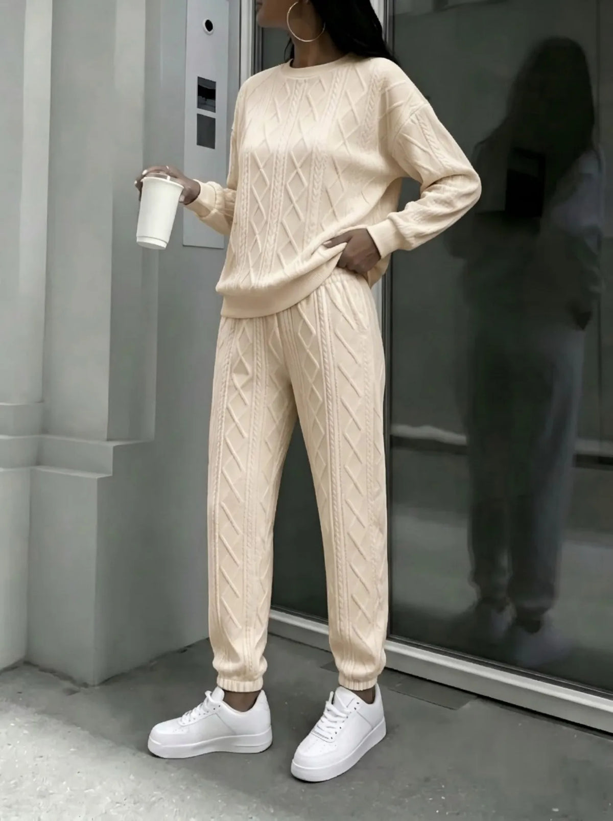 Women Cable Knit 2 Piece Outfit Set, Crewneck Long Sleeve Sweater Top & Drawstring Jogger Pants, Casual Loose Matching Loungewear Tracksuit For Street Daily Wear