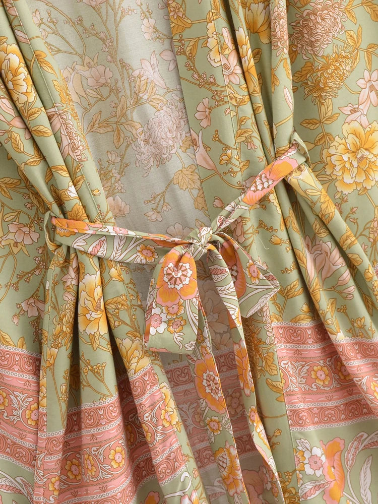 Boho Queens Multi Floral Print Sashes Short Kimono Women Bohemian V Neck Batwing Sleeves Rayon Robe Beach Bikini Cover-up - Matrix Studios
