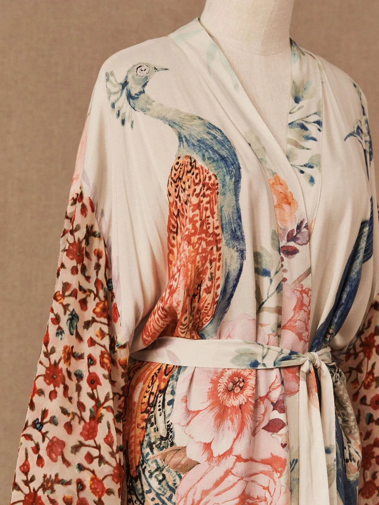 Beach Kimono for Women Peocock Printed Swimsuit Cover Up Self Belted Wrap Dresses Seaside Bathing Suits Beachwear - Matrix Studios
