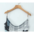 YENKYE New Women Newspaper Letter Print Irregular Hem Sling Dresses Fashion Backless Thin Straps With Chain Summer Sexy Dress - Matrix-studios.com