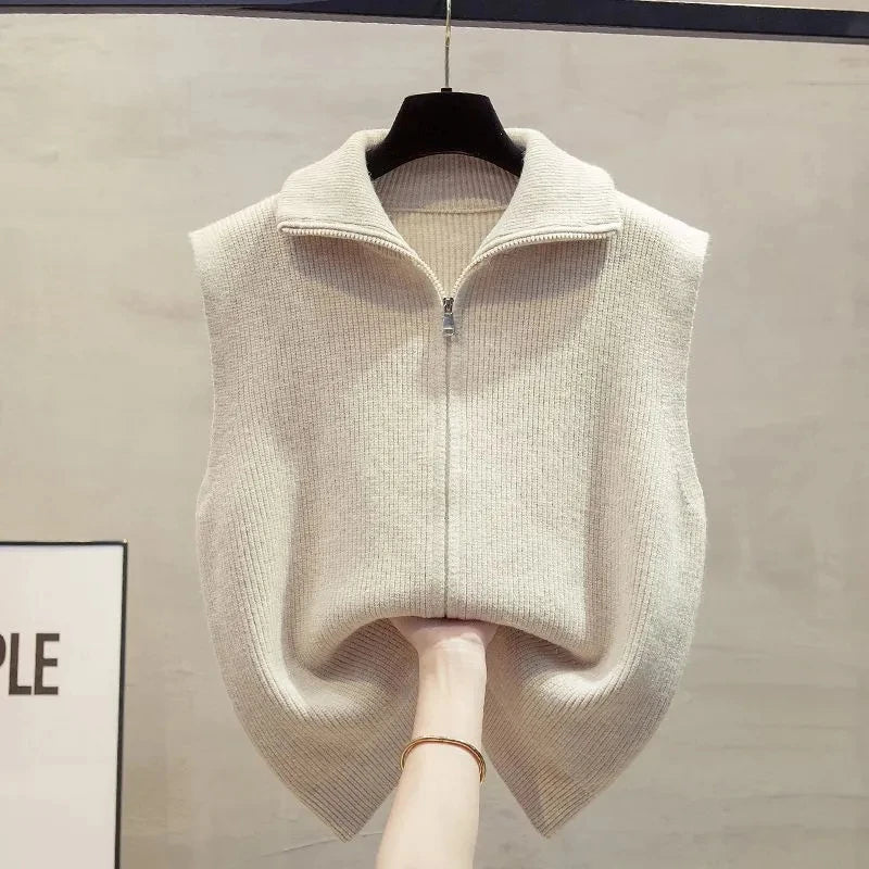 Double Zipper Women Knitted Sweater Vest Spring Autumn Stand Collar Sleeveless Sweater Vest Solid Waistcoat Outer Wear Vest Top - Matrix Studios