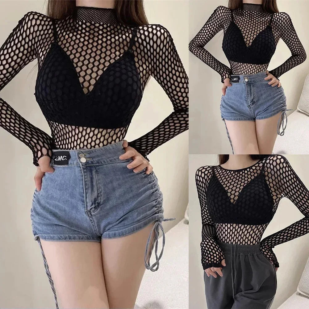 Womens Sexy Mesh Long Sleeve Fishnets Tops Fun Fashion Slim Fit Tops  Hollow Out See Through Loose Female T-shirts Crop soft Top - Matrix-studios.com