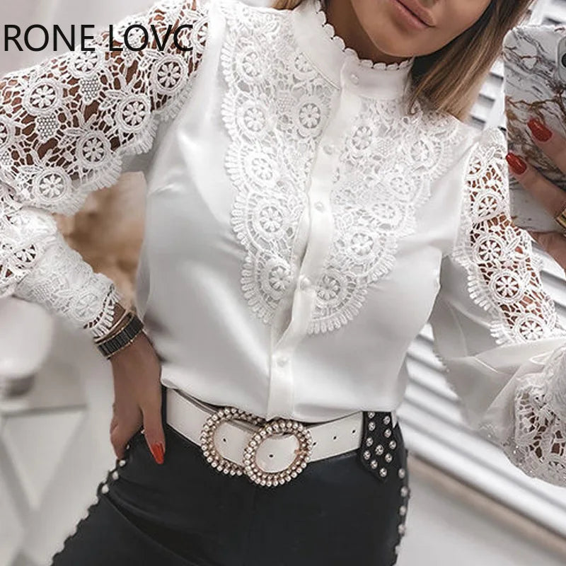 Shirts Elegant Office Ladies White Collared Lace Patchwork Hollow Out Button Up Womens Tops And Blouses 2024 Fashion New Blouse - Matrix-studios.com