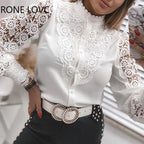 Shirts Elegant Office Ladies White Collared Lace Patchwork Hollow Out Button Up Womens Tops And Blouses 2024 Fashion New Blouse - Matrix-studios.com