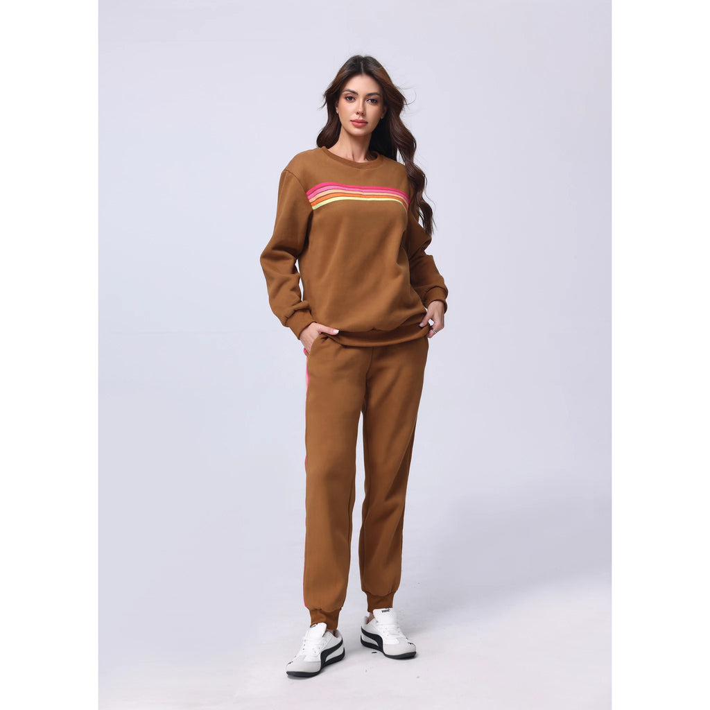 Women's 2 Piece Outfits Rainbow Stripe Sweatsuit Set Long Sleeve Crewneck Sweatshirt Pullover Top & Jogger Pants with Pockets Soft Casual Loungewear Tracksuit Oversized Relaxed Fit Matching Set for Fall Winter Streetwear