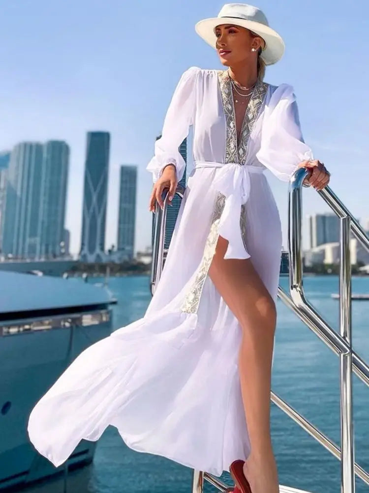 Crochet White Knitted Beach Cover Up Dress Tunic Long Pareos Bikinis Cover Ups Swim Cover Up Robe Plage Beachwear - Matrix Studios