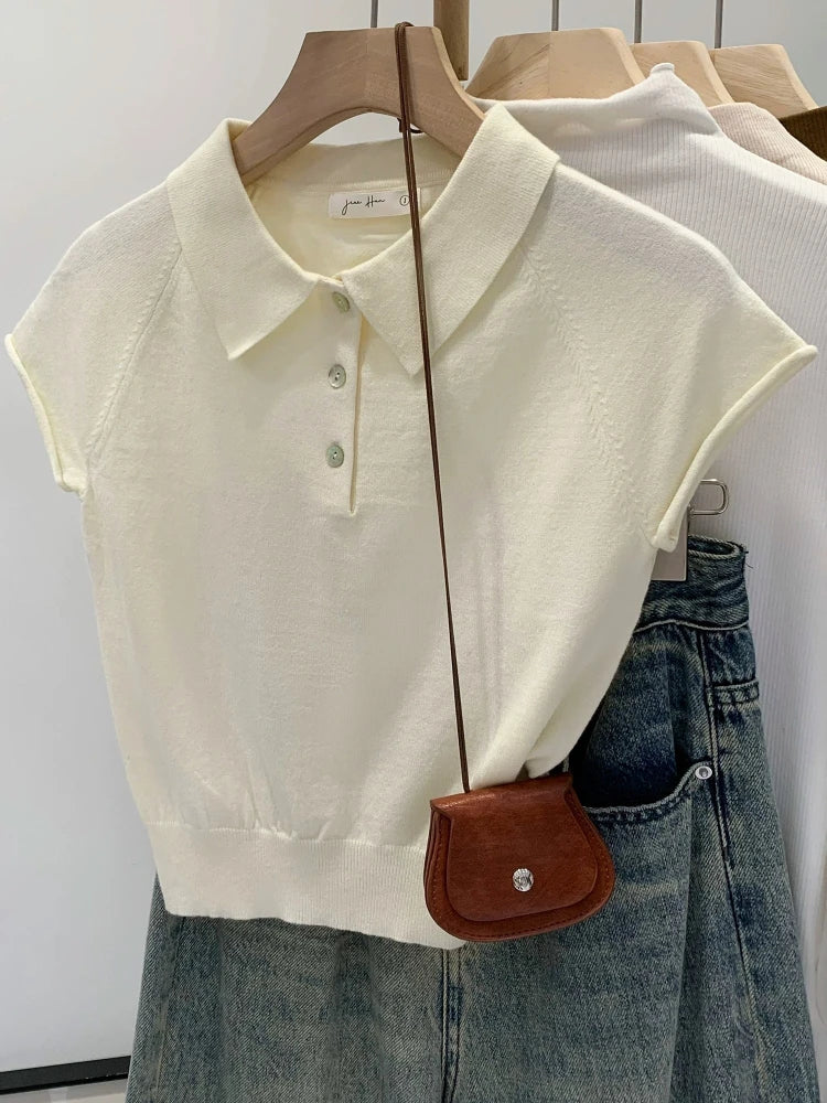 zjaiss Unique Chic Casual Tee 2026 New Summer Navy Polo Collar Women T-Shirt Fashion Solid Color Short Sleeve Knit Top - Matrix-studios.com