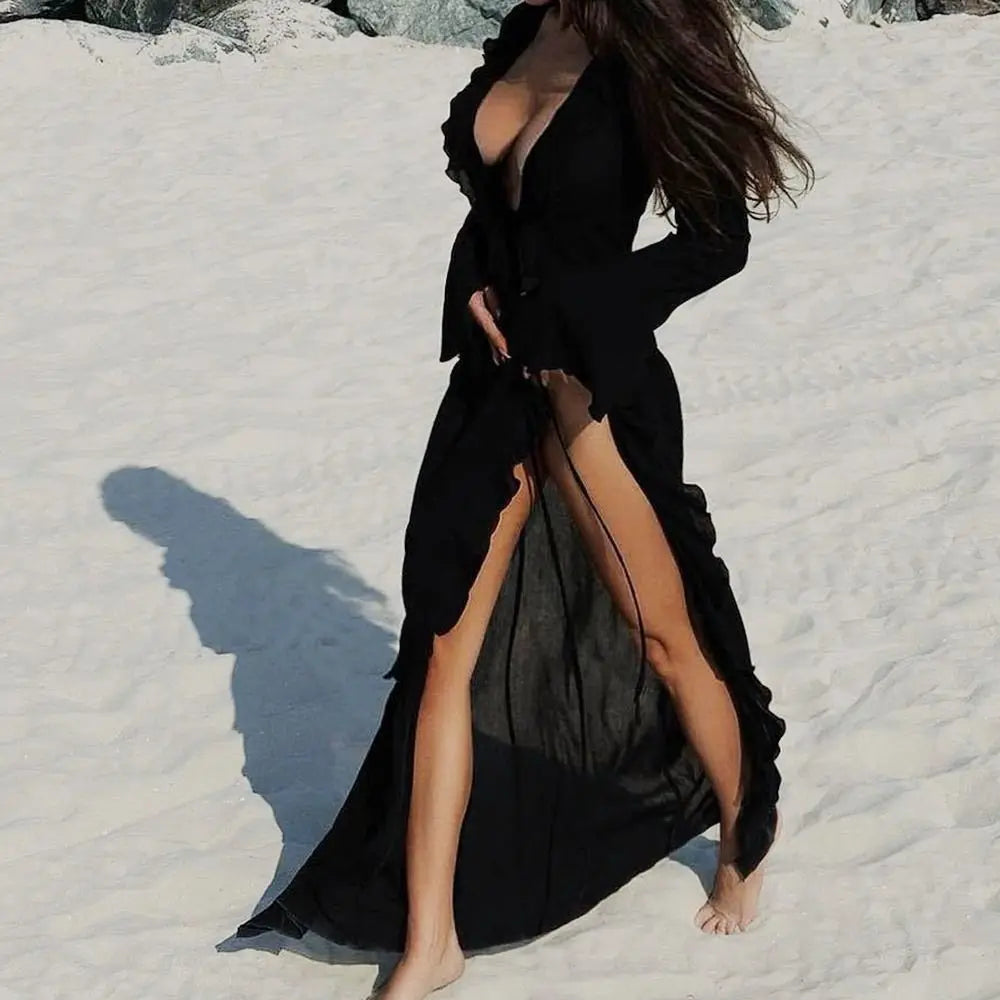 V Neck Summer Beach Cover Up Long Sleeve Ruffled Bikini Sunscreen Smock Vacation Casual Swimsuit Cover Up Dress for Women - Matrix Studios