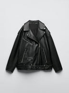 Ailegogo Women Loose Motorcycle Biker Black Pu Faux Leather Jacket with Belt Spring Autumn Female Zipper Coat Outwear - Matrix Studios