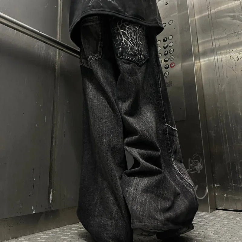 Gothic Retro Oversized Baggy Fit Unisex Mopping Pants Y2K Phantom Jeans High Street Spider Embroidered Patch Hip Hop Streetwear - Matrix Studios