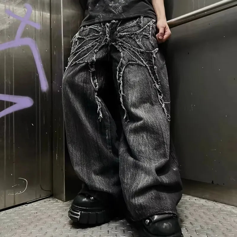 Gothic Retro Baggy Unisex Mopping Pants Y2K Phantom Jeans High Street Spider Embroidered Patch Hip Hop Streetwear Straight Jeans - Matrix Studios