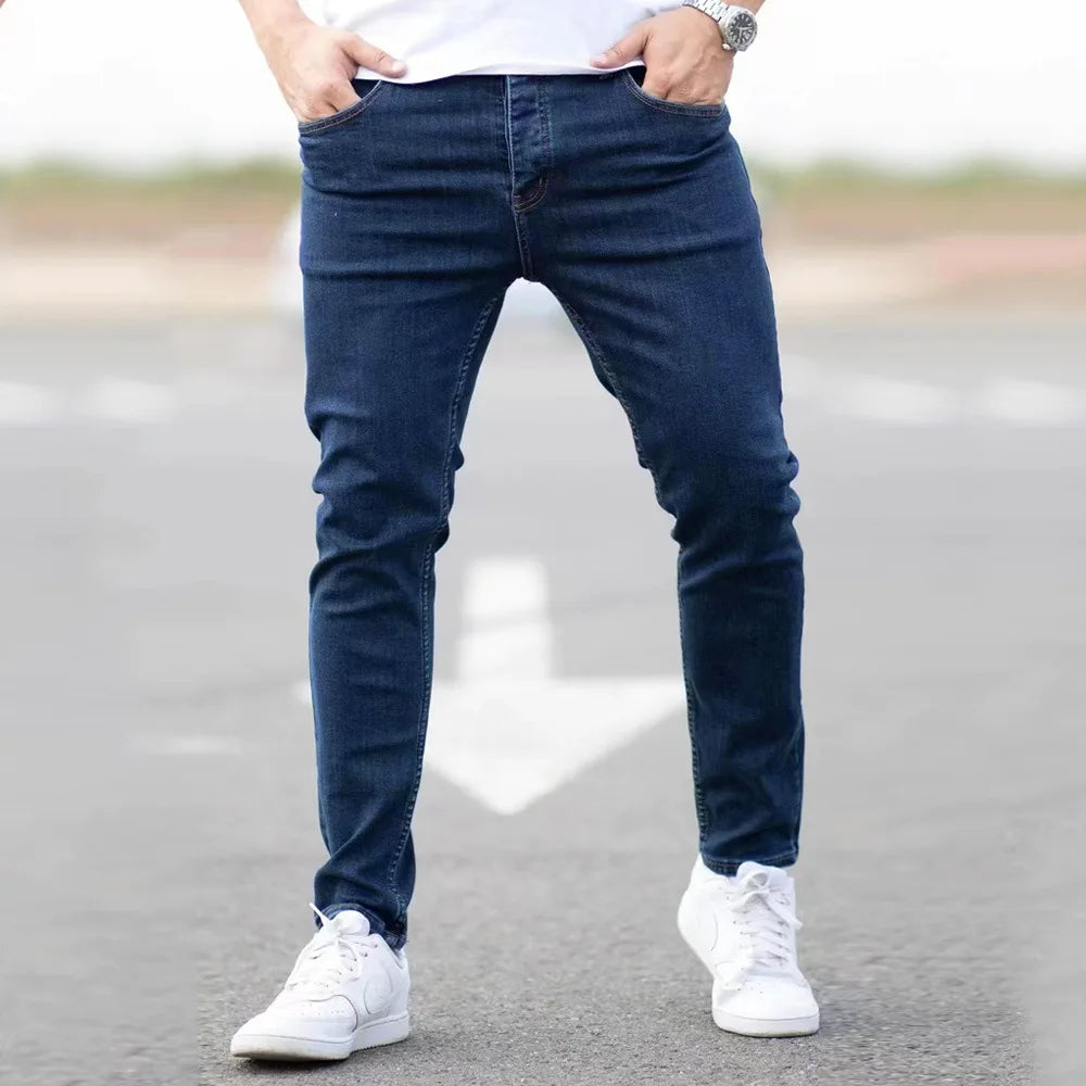 Spring Mens Black Blue Pants Pure Color Stretch Jeans Street Casual Slim Fit Trousers Male Vintage Wash Skinny Jeans for Men - Matrix Studios