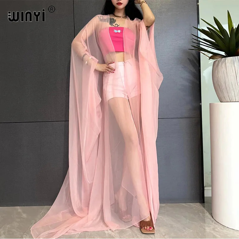 WINYI Beach Sexy Cover Ups for Swimwear Women Kimono Swimsuit Cape Summer Dress 2023 Beachwear Monochrome Perspective Yarn Dress - Matrix Studios