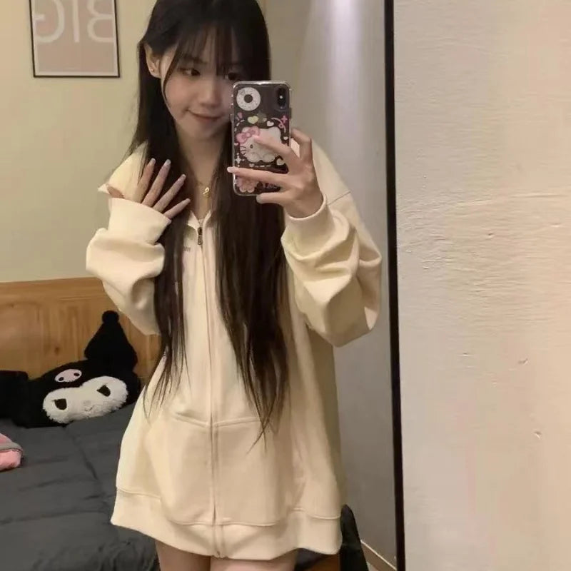 Women Embroidery Print Sporty Chic Hoodies Casual Zip Up Long Sleeve Loose Jacket Coats Harajuku Hooded Sweatshirts Streetwear - Matrix Studios