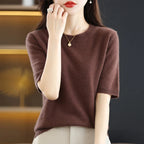New Short-sleeved Knitwear Women O-neck T-shirt Wool Cotton Blend Pullover Vest Sprig Summer Bottoming Tops Sweater Solid Soft - Matrix Studios