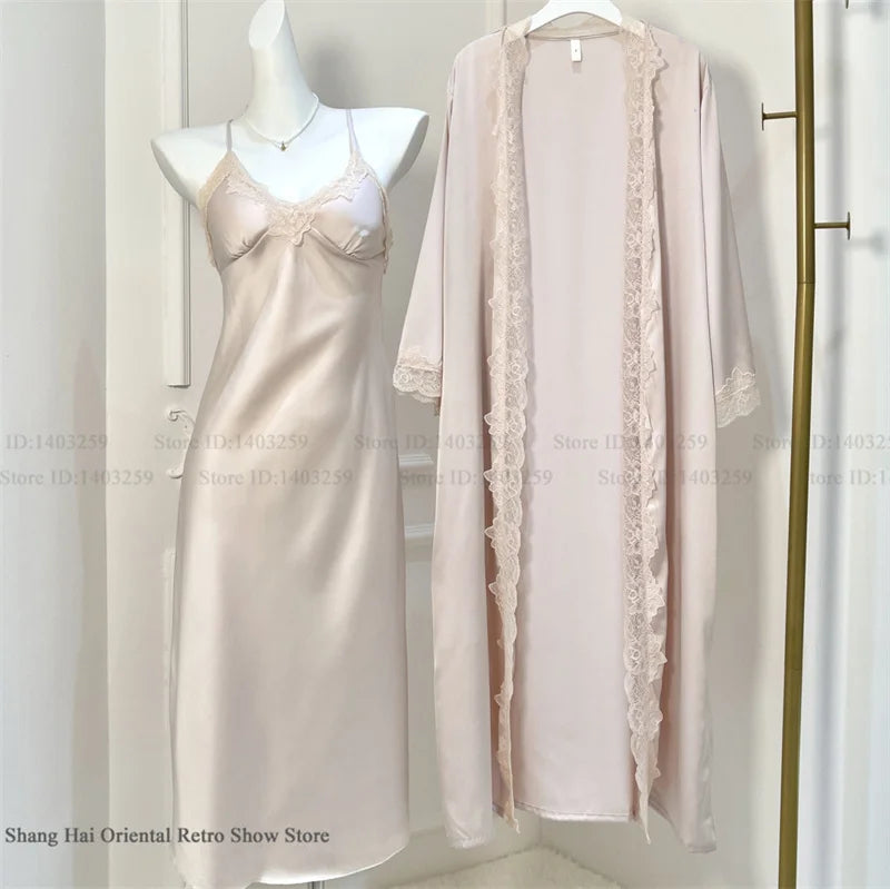 New Female Long Robe Nightgown Set Sexy Lace Trim Sleepwear Suspender Nightdress Spring Summer Casual Satin Home Dress Bathrobe - Matrix-studios.com