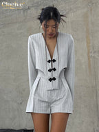 Clacive Fashion Stripe Print 2 Piece Sets Women Elegant Slim Long Sleeve Irregular Top With High Waist Shorts Set Streetwear - Matrix-studios.com