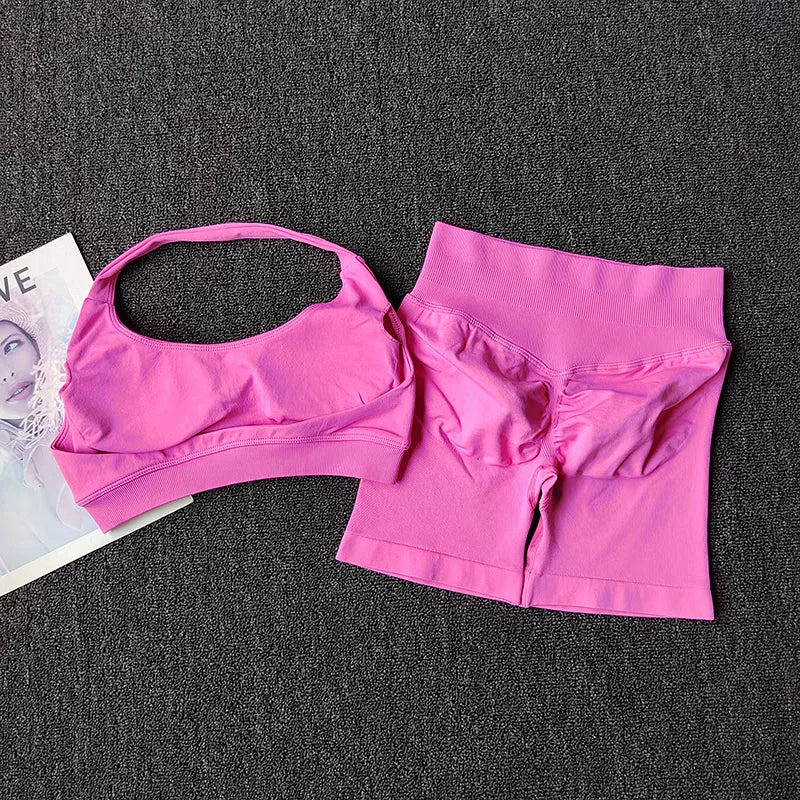2 Pieces Yoga Suit for Women Seamless Fitness Gym Clothes Halter Sports Bra Matching Shorts Workout Sets Gym Set Outfit - Matrix-studios.com