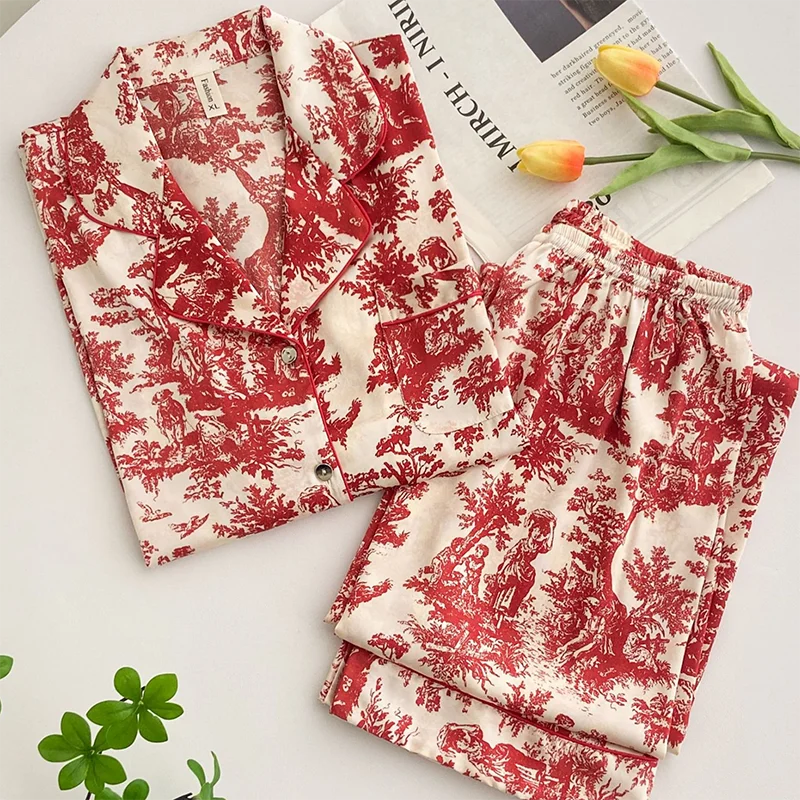 Fashion Print Flower 2PCS Pajamas Set Women Sleepwear Spring Summer Trouser Suits Lounge Wear Loose Satin Homewear Pijamas Suit - Matrix-studios.com