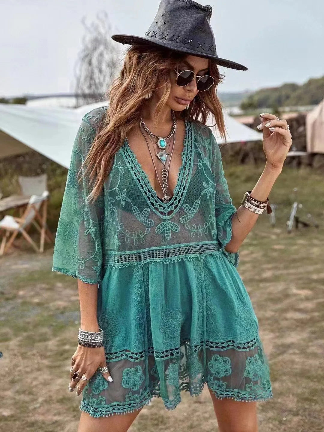 5 Colors Bikini Cover Ups 2024 New Lace Beach Dress Solid Biquinis Kimono For Women Free Size Sun Protection Short Sarong V-Neck - Matrix Studios