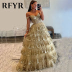 RFYR Puffy Gold Evening Dress Off  Shoulder Vestidos De Noche Sweetheart Layered Prom Dress Appliques Party Dress Customized - Matrix Studios