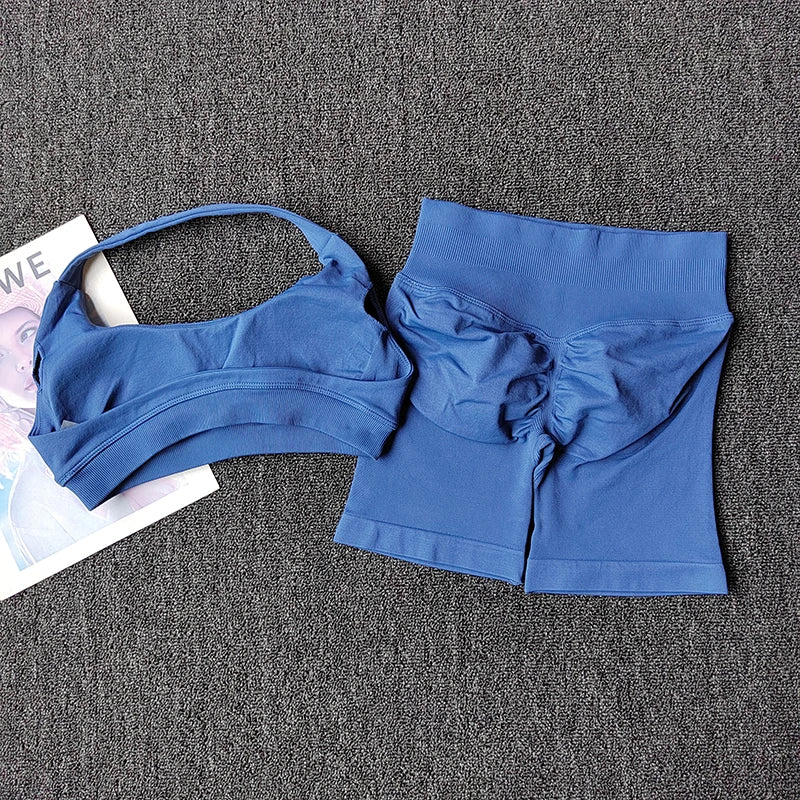 2PCs Peach High Waist Belly Hip Lifting Sports Bras Shorts Suit Gathering Shock-proof Neck Halter Yoga Suit Running Fitness Set - Matrix-studios.com