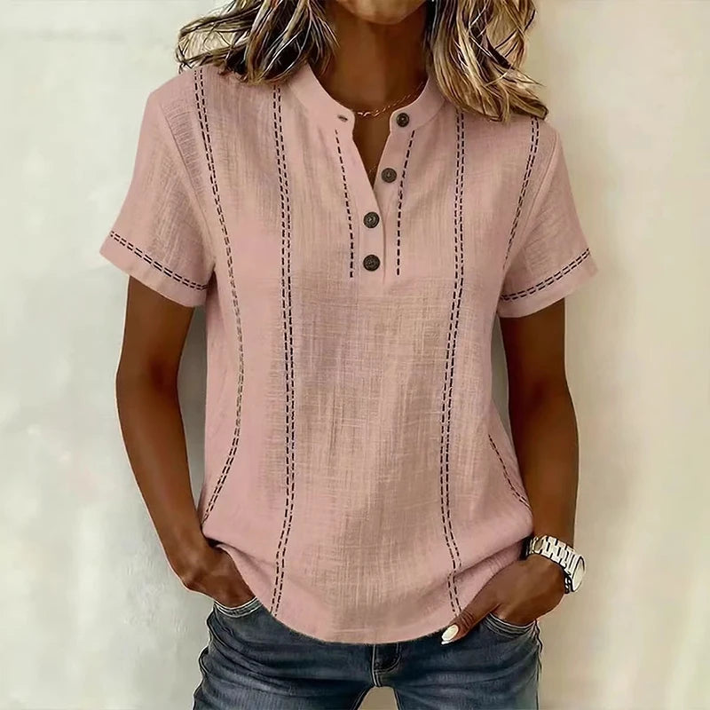 Elegant Women Blouse Shirt V Neck Button Patchwork Short Sleeve Shirts For Women Summer Striped Loose Tee Women Casual T-shirts - Matrix-studios.com