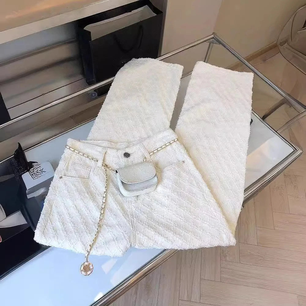 White Plaid Straight Loose Pants Women Spring Autumn Fashion Jeans 2025 New High Waist Wide Leg Full Trousers Female Denim Pants - Matrix-studios.com