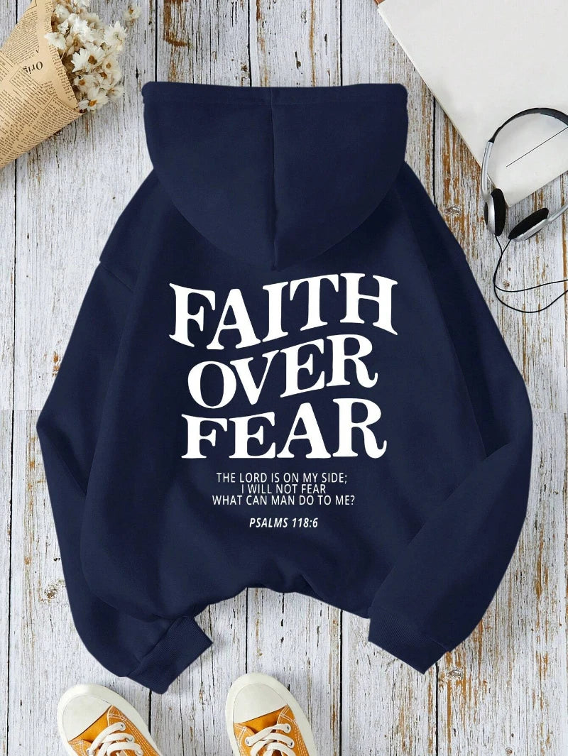 Casual Women's Hoodies Faith Over Fear Letter Printing Sweatshirts Fleece Warm Comfortable Pocket Pullovers Autumn Streetwear - Matrix Studios
