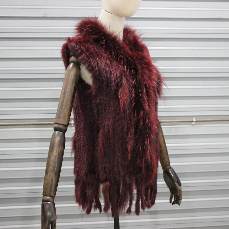 Harppihop womens natural real rabbit fur vest with raccoon fur collar waistcoat/jackets rex rabbit knitted winte - Matrix Studios