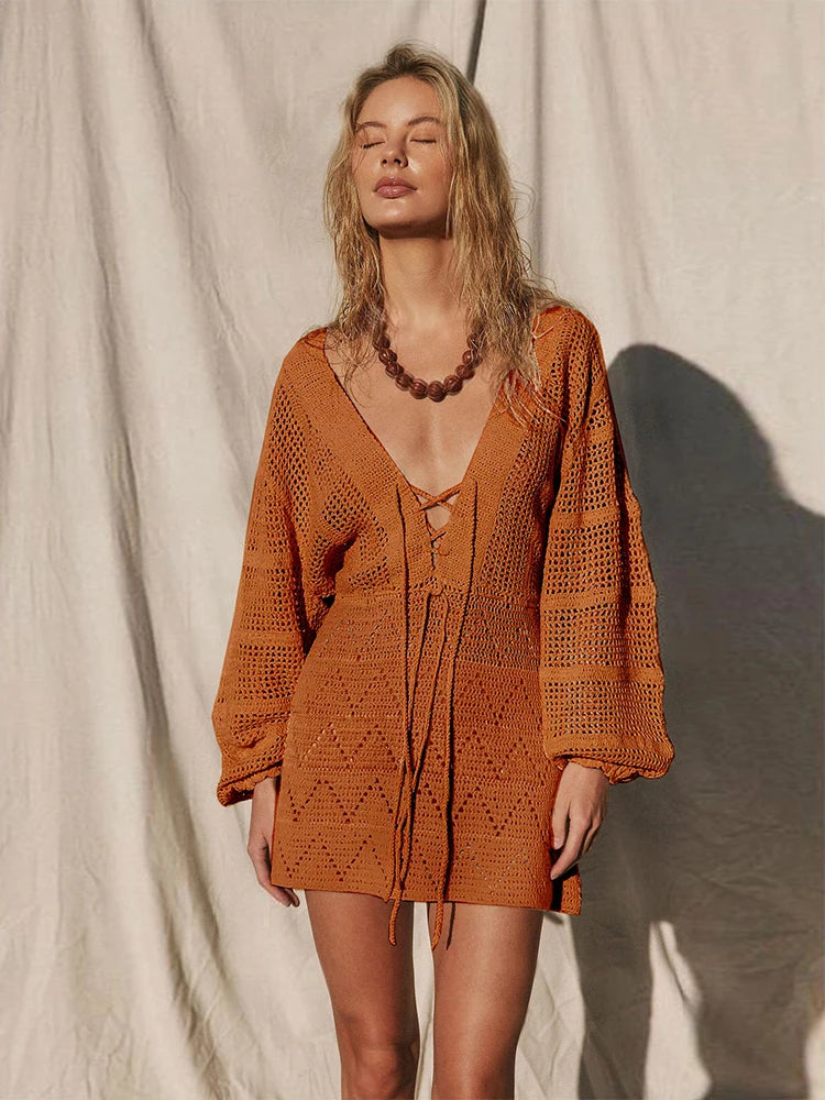 Sexy Deep V-neck Lace-up Bell Sleeve Knit Mesh Hollow Out Beach Mini Dress 2026 Summer Swimsuit Cover Up Women Casual Tunic K14 - Matrix Studios
