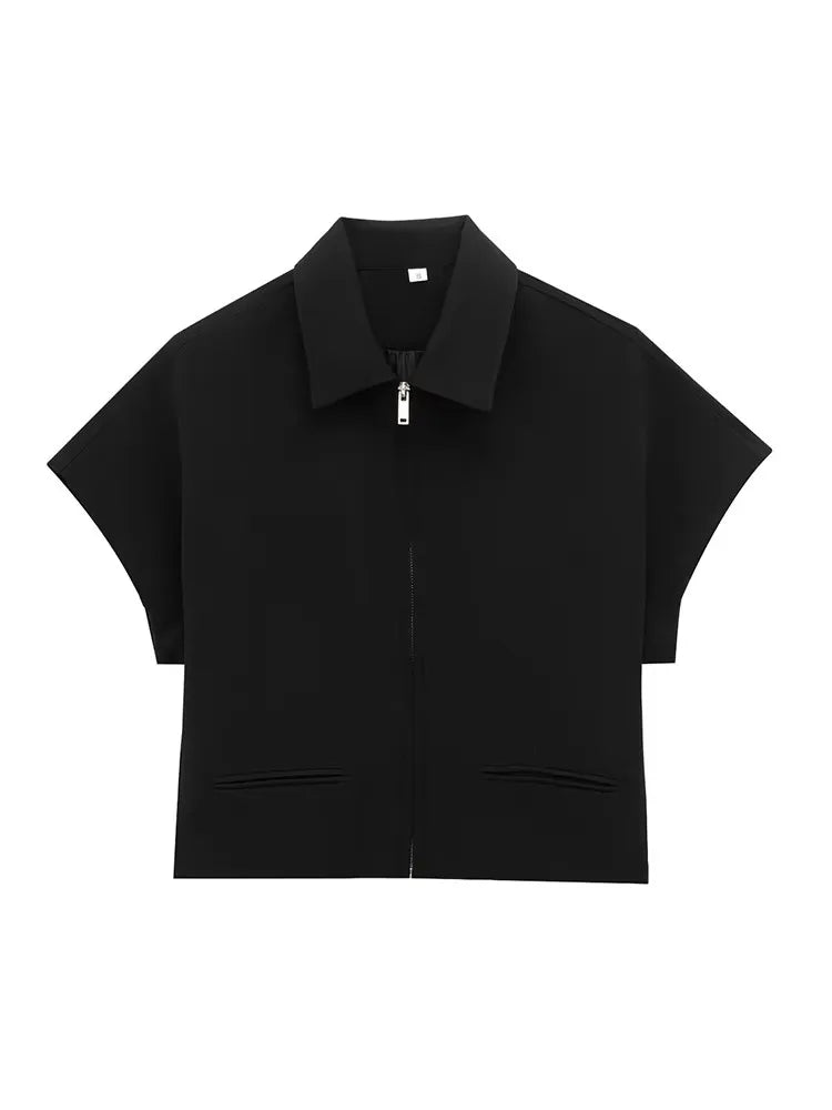 TFMLN Fashion Set For Women Summer 2025 New Slim Lapel Zipper Short Sleeve Coat Top Wide Leg Pants Two Piece Set Leisure Black - Matrix-studios.com