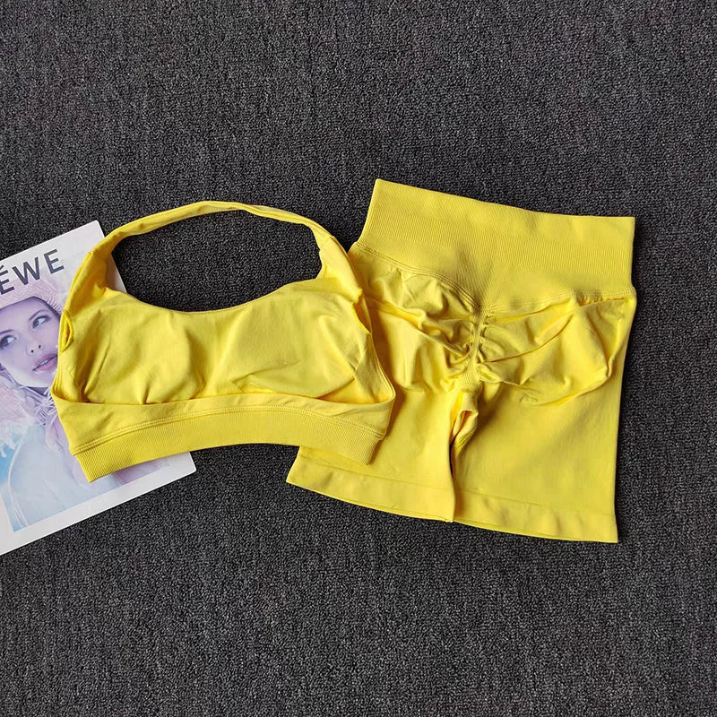 2 Pieces Yoga Suit for Women Seamless Fitness Gym Clothes Halter Sports Bra Matching Shorts Workout Sets Gym Set Outfit - Matrix-studios.com